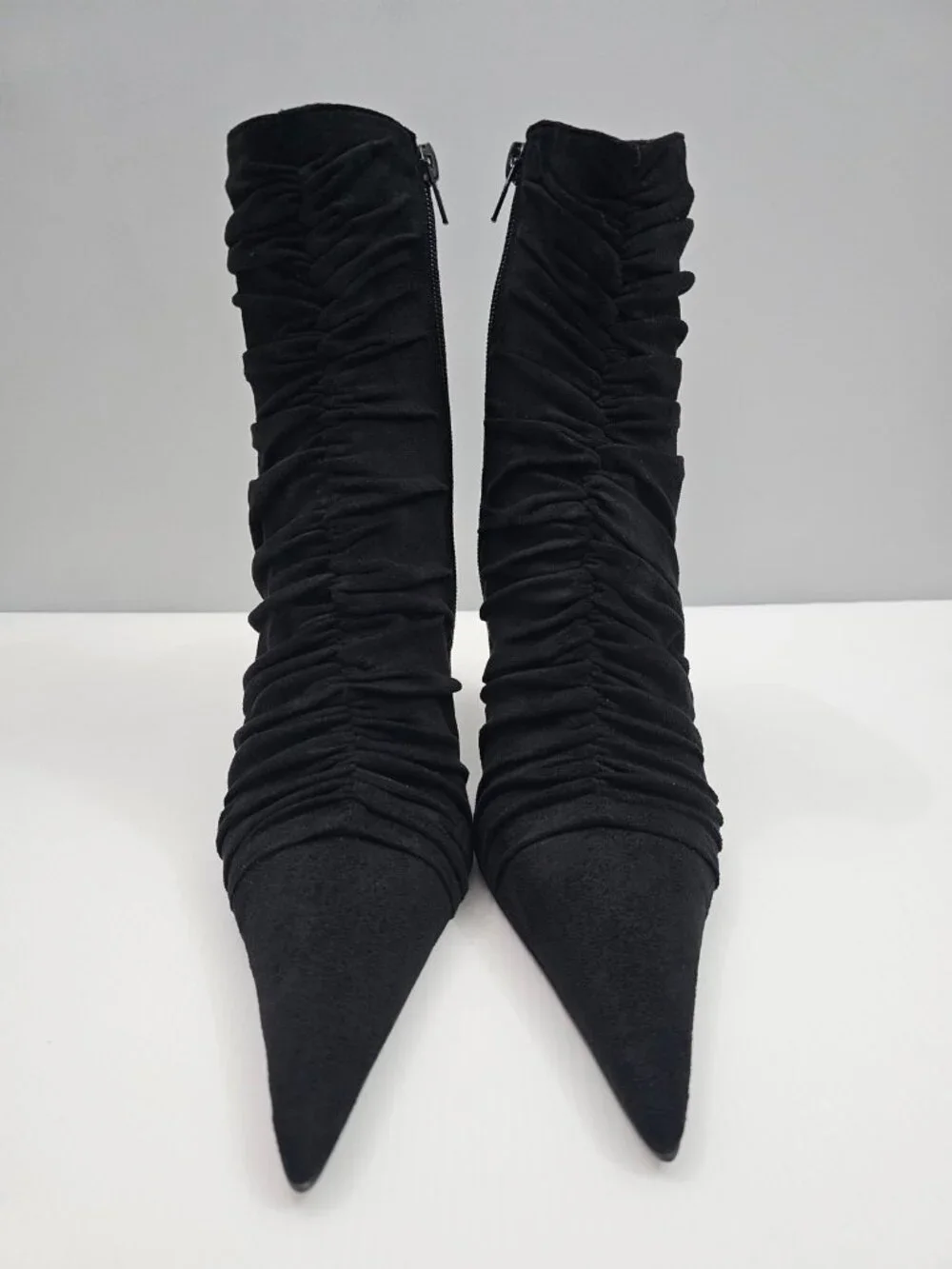 Jeffrey Campbell Lets Go Ankle Boot 9 Black Ruched Pointed Toe Stiletto Heel NEW